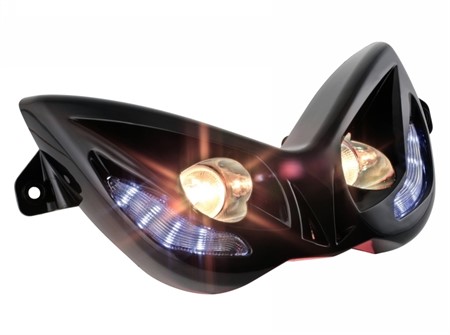 Phare/masque double optique avant noir, EVO 2, clignotants à leds blanches intégrés, Yamaha Aerox/MBK Nitro