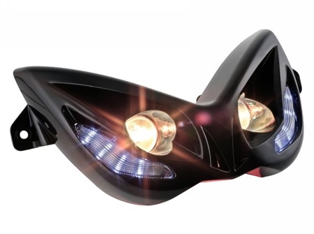 Phare/masque double optique avant noir, EVO 2, clignotants à led's bleu intégrés, Yamaha Aerox/MBK Nitro Phare/masque double optique avant noir, EVO 2, clignotants à led's bleu intégrés, Yamaha Aerox/MBK Nitro