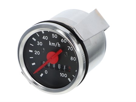 Compteur de vitesse 100km/h - Ø 48mm, cadran noir / chrome, universel vélomoteurs Compteur de vitesse 100km/h - Ø 48mm, cadran noir / chrome, universel vélomoteurs