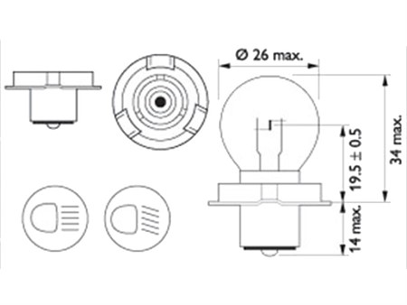 Ampoule avant socle P26S, 6V/15W, vélomoteurs Puch, Piaggio Ciao/Si