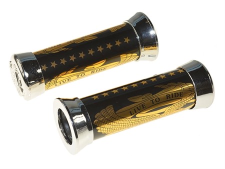 Poignées "live to ride" noir/dorées, universelles 22-24mm Poignées "live to ride" noir/dorées, universelles 22-24mm