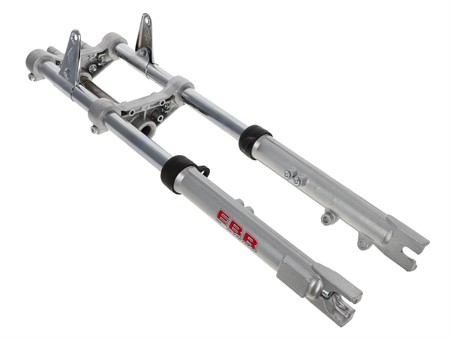 Fourche grise argentée EBR té alu "hydraulique" 675mm avec support pour freins à disque, vélomoteurs Puch Maxi Fourche grise argentée EBR té alu "hydraulique" 675mm avec support pour freins à disque, vélomoteurs Puch Maxi