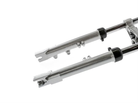 Fourche grise argentée EBR té alu "hydraulique" 675mm avec support pour freins à disque, vélomoteurs Puch Maxi