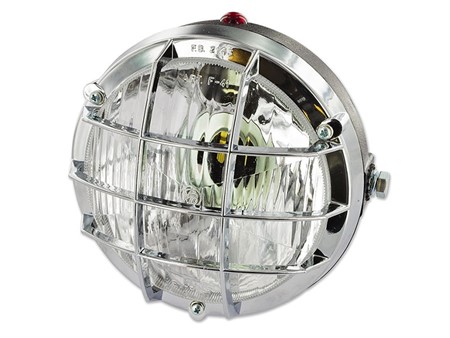Phare rond chromé/noir 125mm, avec grille de protection Phare rond chromé/noir 125mm, avec grille de protection