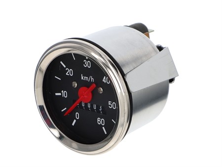 Compteur de vitesse 60km/h - Ø 60mm, éclairage 6V cadran noir/chromé, universel vélomoteurs Compteur de vitesse 60km/h - Ø 60mm, éclairage 6V cadran noir/chromé, universel vélomoteurs