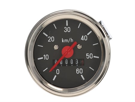 Compteur de vitesse 60km/h - Ø 60mm, éclairage 6V cadran noir/chromé, universel vélomoteurs