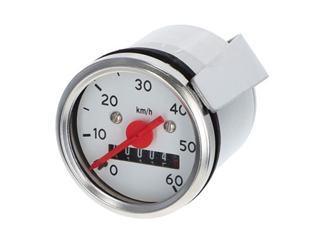 Tacho 60km/h - Ø 48mm, Zifferblatt weiss / chrom Tacho 60km/h - Ø 48mm, Zifferblatt weiss / chrom