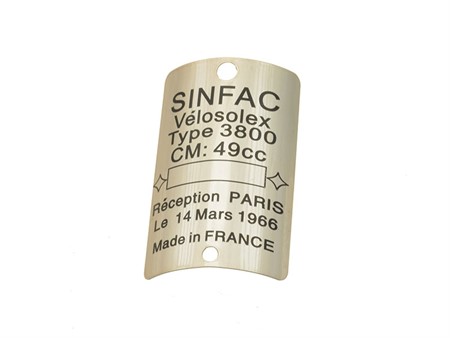 Plaquette dimmatriculation chassis SINFAC, vélomoteurs Solex 3800