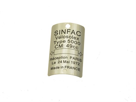 Plaquette dimmatriculation chassis SINFAC, vélomoteurs Solex 5000