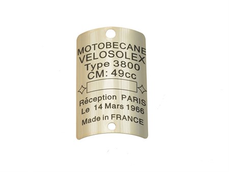 Typenschild Motobecane, Solex 3800 Typenschild Motobecane, Solex 3800