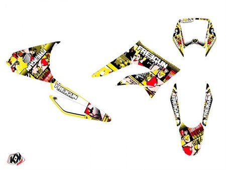Kit déco stickers Freegun Freegunman jaune/rouge, moto 50cc Derbi DRD X-trem 2010 à 2017