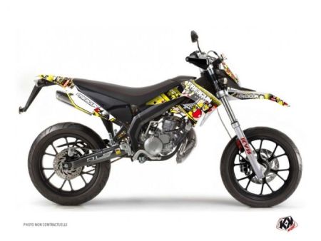Kit déco stickers Freegun Freegunman jaune/rouge, moto 50cc Derbi DRD X-trem 2010 à 2017