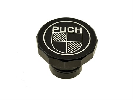 Bouchon de réservoir CNC (12 facettes), logo Puch alu noir, vélomoteur Puch Maxi Bouchon de réservoir CNC (12 facettes), logo Puch alu noir, vélomoteur Puch Maxi
