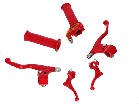 Set de poignées et leviers Lusito rouge (gaz, frein, embrayage-décompresseur)