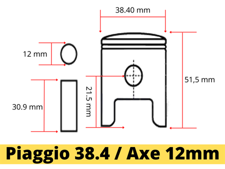 Piston complet 38.4mm axe 12mm, vélomoteurs Piaggio Ciao, Si, Boxer, Bravo...