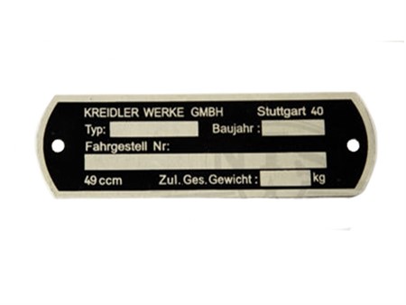 Typenschild Kreidler (altes Modell) Typenschild Kreidler (altes Modell)