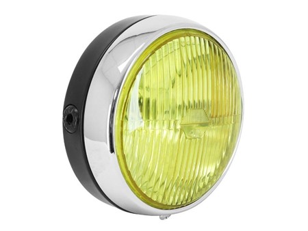 Phare rond 140mm (noir/chrome) avec vitre jaune, vélomoteurs et universel Phare rond 140mm (noir/chrome) avec vitre jaune, vélomoteurs et universel