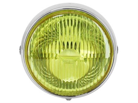 Phare rond 140mm (noir/chrome) avec vitre jaune, vélomoteurs et universel