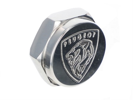 Gabelabschlussmutter Chrom Peugeot 103 mit Logo Gabelabschlussmutter Chrom Peugeot 103 mit Logo