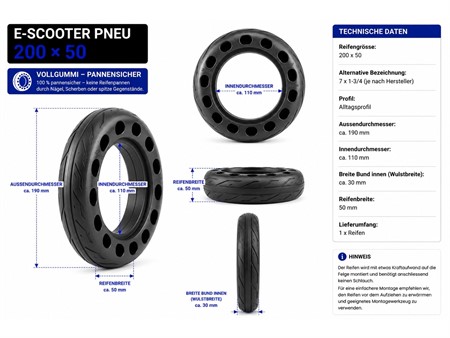 Pneu trottinette électrique slick perforé, Taille : 7x1-3/4 (200x50)