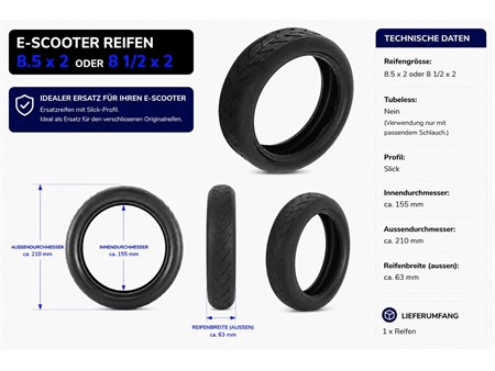 E-Scooter Reifen 8 1/2x2 oder 8.5x2 Standard Pneu Ø innen: 155mm
