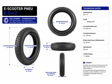 E-Scooter Reifen 8 1/2x2 oder 8.5x2 Vollgummi Pneu Ø innen: 135mm