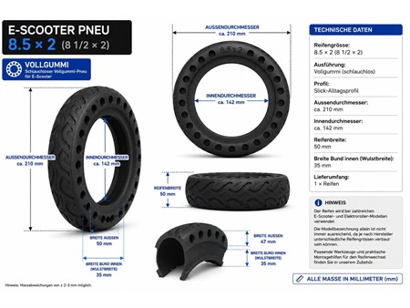 Pneu trottinette électrique slick perforé, taille : 8 1/2 x 2