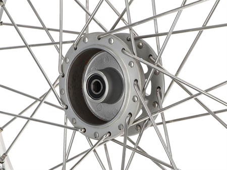 Roue à rayons 17"pouces avant argentée moyeu CNC, vélomoteur Peugeot 103 avant / Puch-Sachs avec frein torpedo