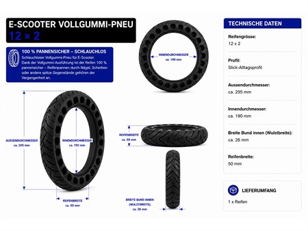 Pneu trottinette électrique slick perforé, taille : 12x2