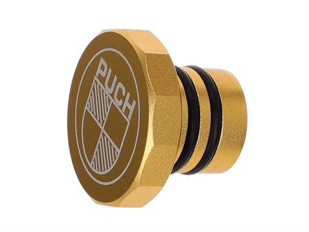 Bouchon de réservoir dodécagone Puch Maxi, Alu or, avec Logo Puch