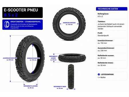 E-Scooter Reifen 8 1/2x2 oder 8.5x2 Standard Pneu Ø innen: 154mm