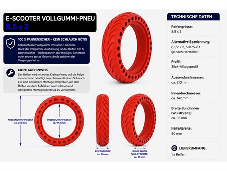 E-Scooter Reifen 8 1/2x2 oder 8.5x2 Vollgummi Pneu rot Ø innen: 142mm