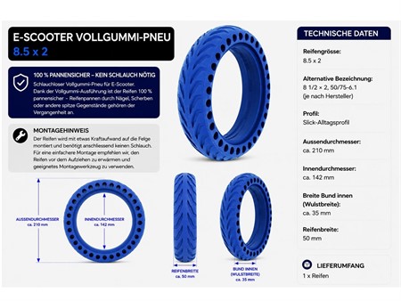 E-Scooter Reifen 8 1/2x2 oder 8.5x2 Vollgummi Pneu blau Ø innen: 142mm