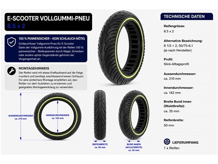 E-Scooter Reifen 8 1/2x2 oder 8.5x2 Vollgummi Pneu fluoreszierend Ø innen: 142mm