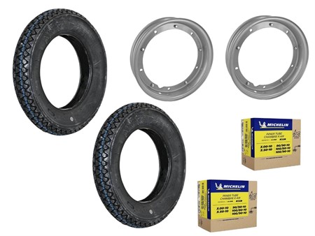 Set de roues complètes avec pneus Michelin, Vespa PX «pour tous les modèles PX» Set de roues complètes avec pneus Michelin, Vespa PX «pour tous les modèles PX»