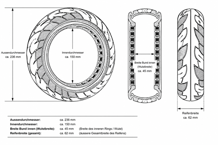 Pneu pour trottinette électrique 10x2,50 ou 60/70-6,5, diamètre intérieur : 150 mm, pneu en caoutchouc plein