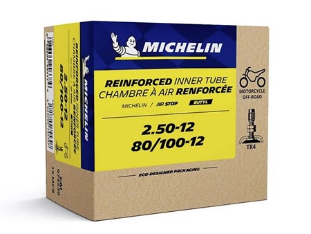 Chambre à air Michelin 2.50-12 / 80/100-12 TR4 renforcée « valve droite » Chambre à air Michelin 2.50-12 / 80/100-12 TR4 renforcée « valve droite »