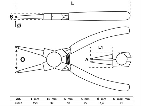 Sprengringzange / Seegerringzange gerade für Innensprengringe 150 mm Ø 1,5mm