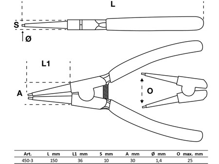 Sprengringzange / Seegerringzange gerade für Innensprengringe 150 mm Ø 1,5mm