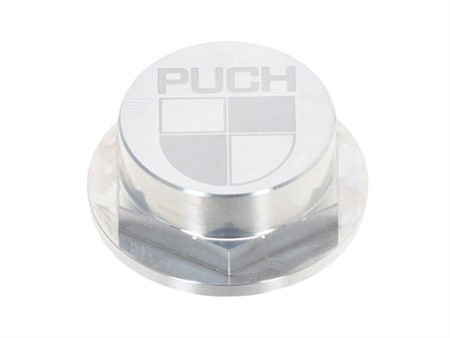 Écrou de colonne de direction CLAW M26x1 alu argenté avec logo, fourche Puch