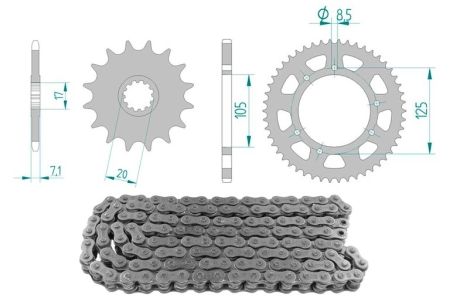 Kit chaîne 11 x 48 / 420, Motorhispania / Rieju, sans O-Ring (K2008) acier Kit chaîne 11 x 48 / 420, Motorhispania / Rieju, sans O-Ring (K2008) acier