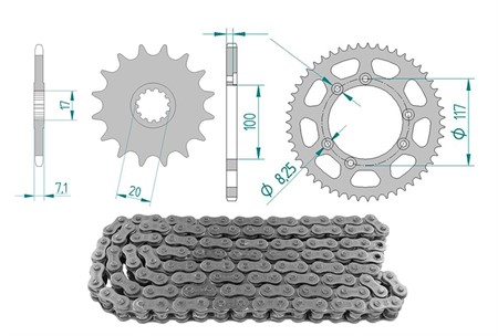 Kit chaîne 11 x 58 / 420 sans O-Ring (K3601) acier, motos Fantic Caballero 50cc 2012-15