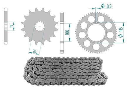 Kit chaîne 12 x 58 / 428 sans O-Ring (K3601) acier, moto Fantic Caballero 50cc TMX180 M