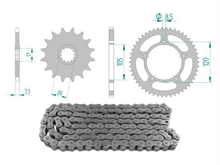 Kit chaîne 13 x 51 / 420 sans O-Ring (K3492) acier, moto Generic 50cc Trigger 07-12