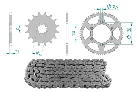 Kit chaîne acier 13 x 62 / 420 sans O-Ring (K3409), moto CPI SM 50cc 2006-2009