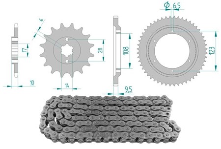 Kit chaîne acier 14 x 52 / 420 sans O-Ring (K1454), moto Derbi GPR 50cc 1998-2003