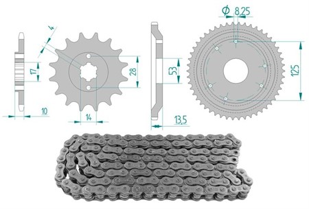 Kit chaîne 12 x 53 / 420 sans O-Ring (K1380) acier, moto Derbi 50cc Senda 50 1997-2003