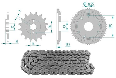 Kit chaîne 12 x 53 / 420 sans O-Ring (K1380) acier, moto Derbi 50cc Senda 50 1997-2003