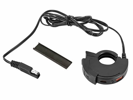 USB-/USB-C-Ladegerät mit Lenkerhalterung für Motorrad und Roller, geeignet zum Laden von Telefon/Smartphone und GPS.