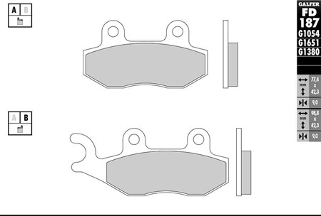 Mâchoires de frein Galfer pour scooter (paire) 77.4 x 42.3 x 9.0 mm/98.8 x 42.3 x 9.0 mm
